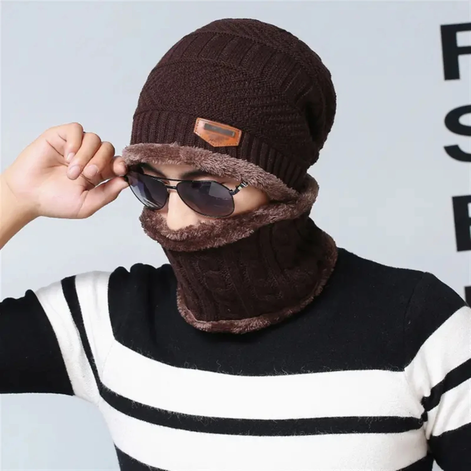 Autumn Winter Geometric Pattern Knitted Hat Scarves with Fleece Ear Protection, Cozy and Stylish Hats for Cold Weather