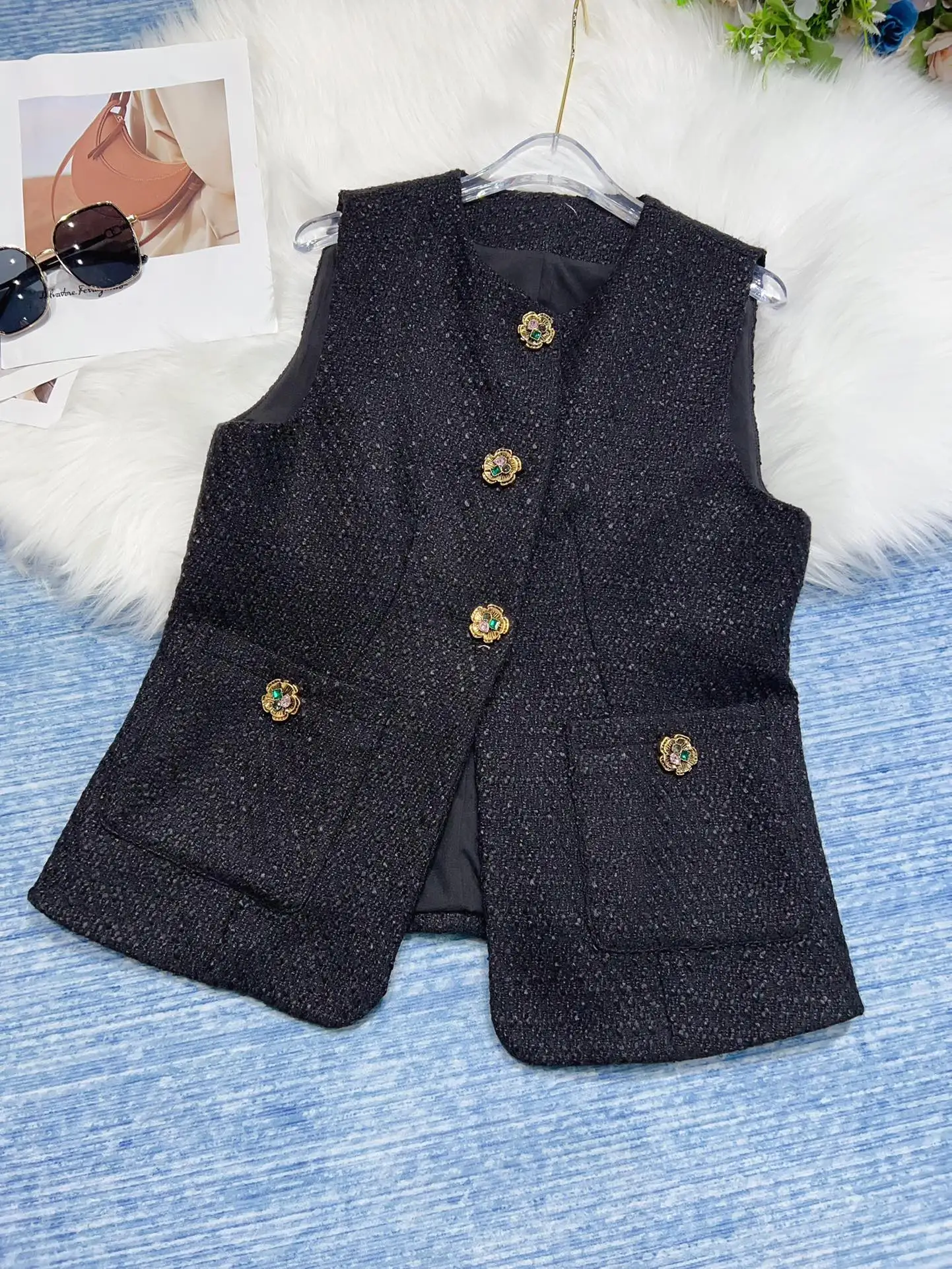 ZJYT Autumn Winter Fashion Women Tweed Woolen Vest Jacket Sleeveless White Tops Elegant Lady Single Breasted Vest Coats Female