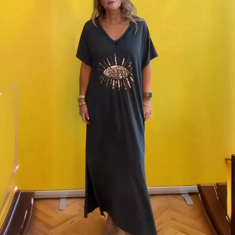 Maxi Dress Eye Print Sequin Maxi Dress for Women Plus Size Ankle Length Vacation Homewear with Short Sleeves Shiny Details Women