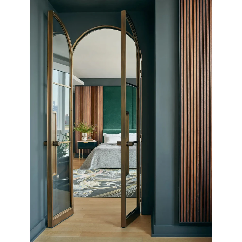 باب بمفصلات فرنسية من النحاس المقوس على الطراز النحيف للأبواب الزجاجية المتأرجحة الداخلية المصنوعة من الفولاذ مع شبكات #4