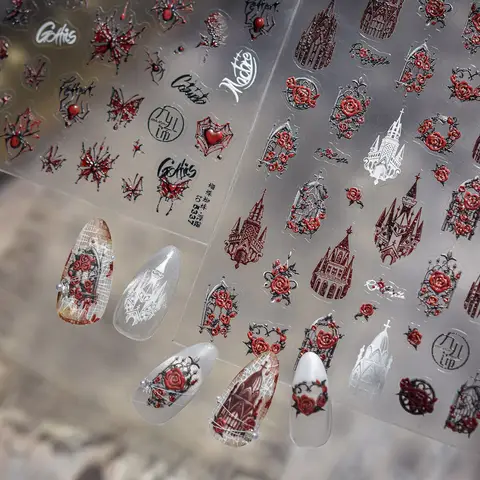 Halloween Stickers 5D Embossed Dark Castle Flower Window Butterfly Rose Spider Nail Art Stickers Decals DIY Nails 3D Decorations