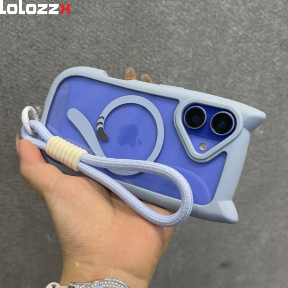Чехол Magsafe с милыми кошачьими ушками для iPhone 17 Pro Max 17 Air 13 14 15 16 Pro Max, ремешок на запястье, прозрачный защитный чехол для ПК с магнитом