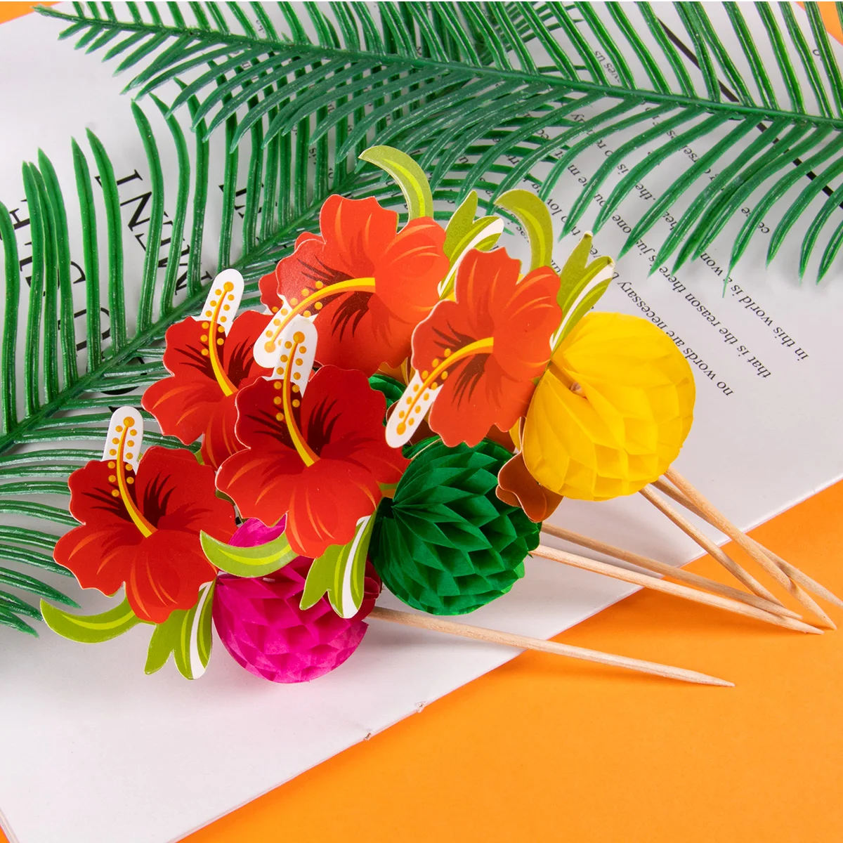 

50pcs Hawaiian Luau Cocktail Picks Summer Flower Hibiscus Food Stick Cupcake Topper Tropical Summer Birthday Party Decorations