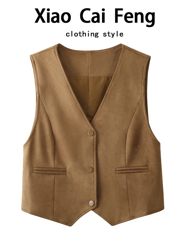 

Замшевый жилет в стиле ретро, женский весенне-осенний утягивающий универсальный многослойный жилет с v-образным вырезом Jaet ort Sle на одной пуговице, чистый цвет