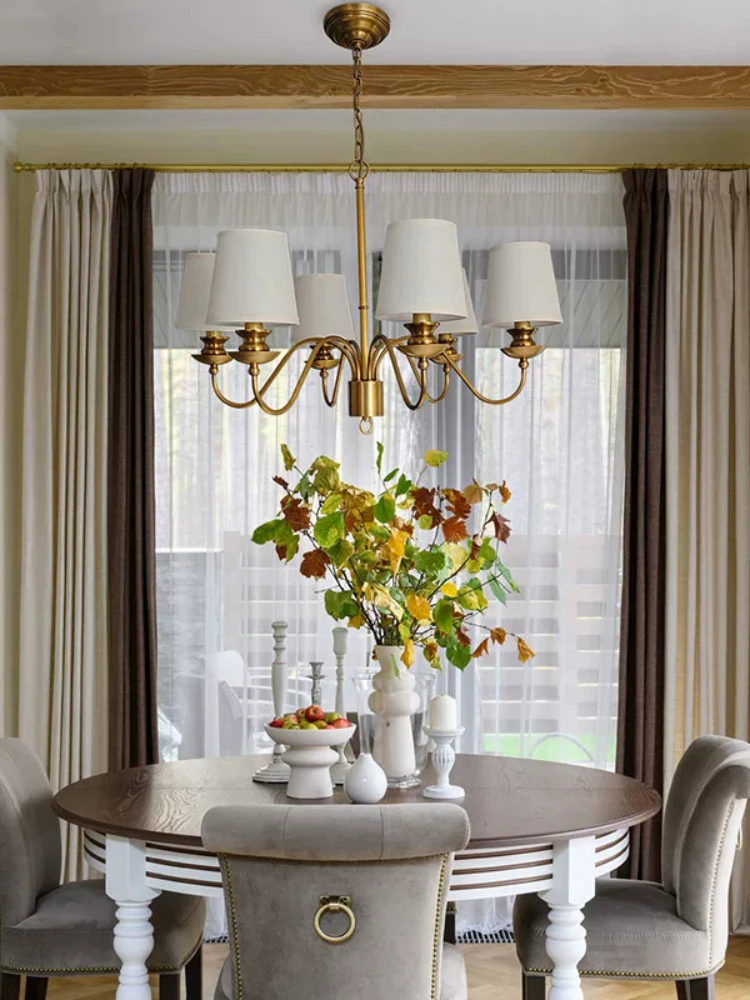 American style all copper light luxury living room pendant light, grand dining room light, modern fabric bedroom and study light