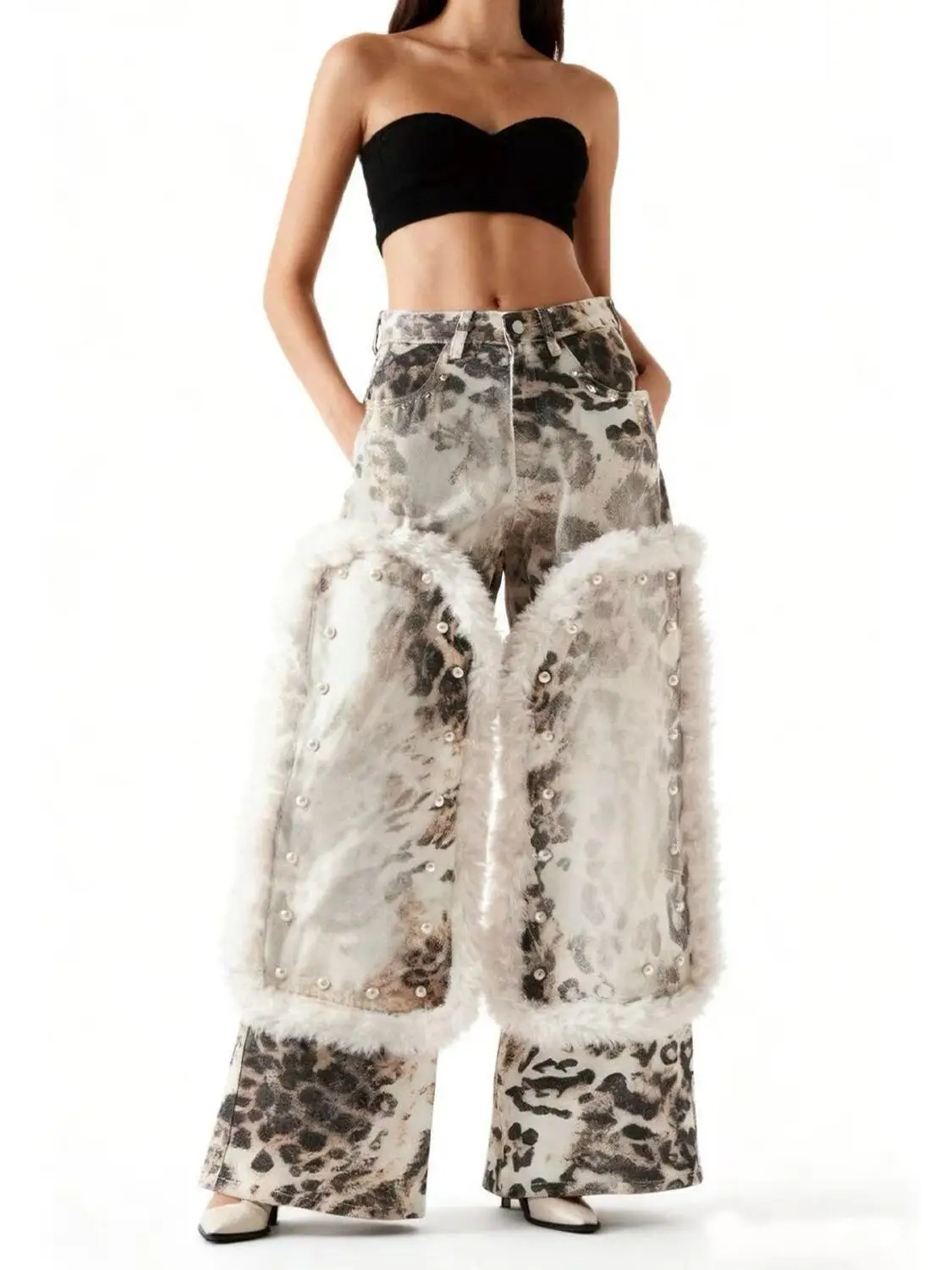 Women's American-style Leopard Print Digital Print Goth Jeans Plush Patchwork Denim Wide-leg Design Kawaii Pants Streetwear