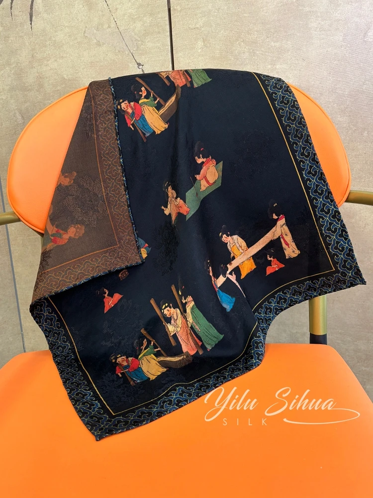 レッドクラウドシルクスクエアスカーフ女性用小型ファッショナブルなエスニックスタイルマルベリーシルクスカーフ古材花柄タッサーシルクショール