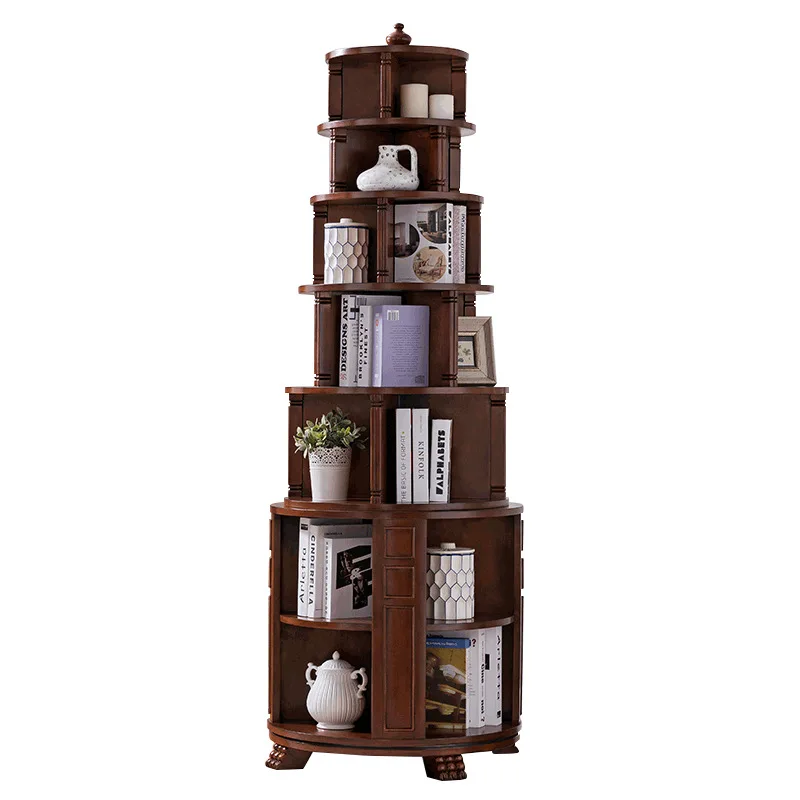 European rotating bookshelf 360 degree living room small bookcase American solid wood shelf