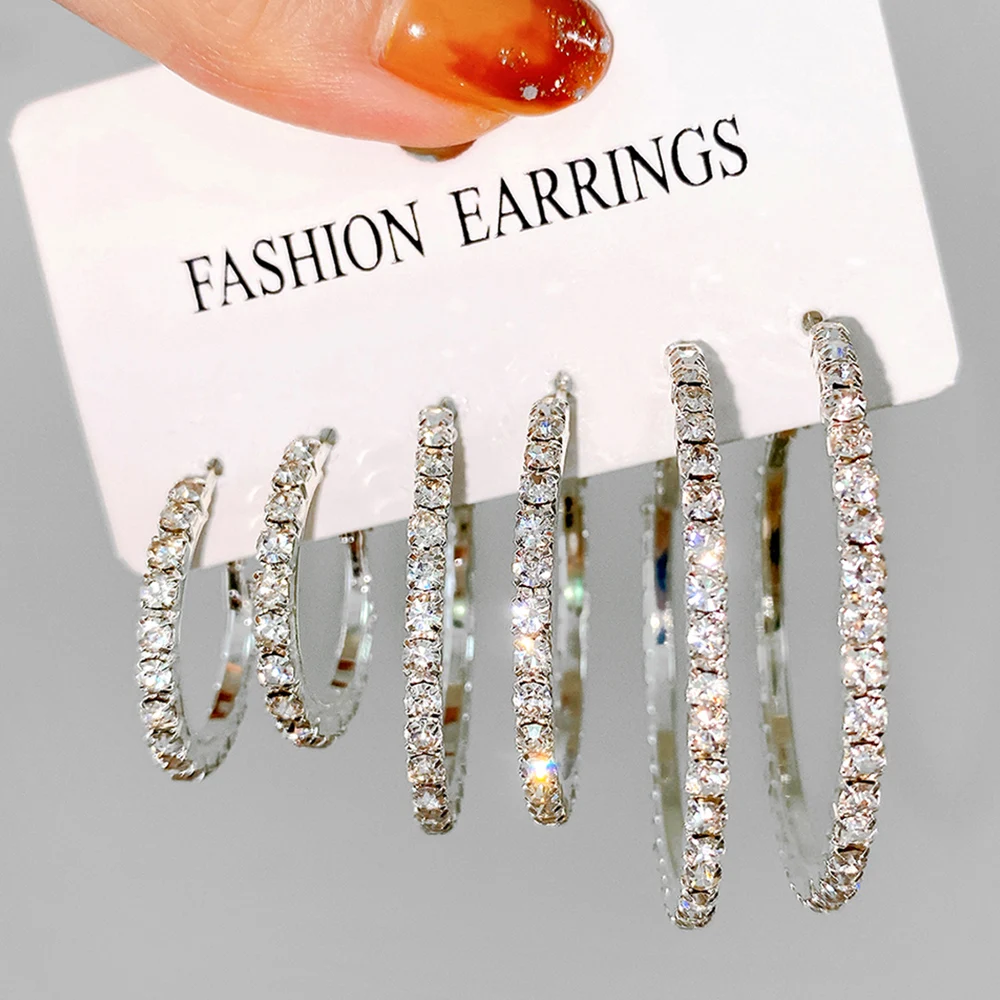 6PCS Exaggerated Big Gold Plated Crystal Rhinestone Hoop Earrings Set for Women Shiny Circle Earring Party Banquet Jewelry Gift