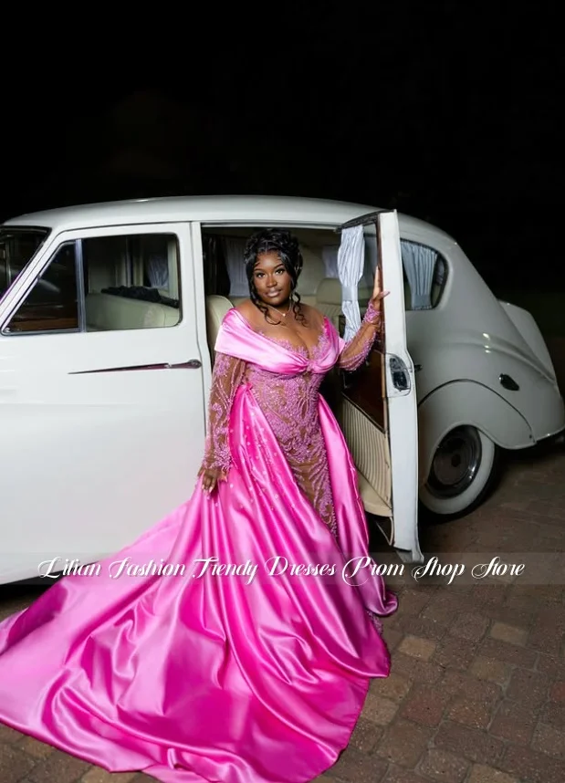 Barbie Pink Sexy Off-the-Shoulder Wedding Dress Customized Sparkling Sheer Mermaid Gown Detachable Train Birthday Party Dress