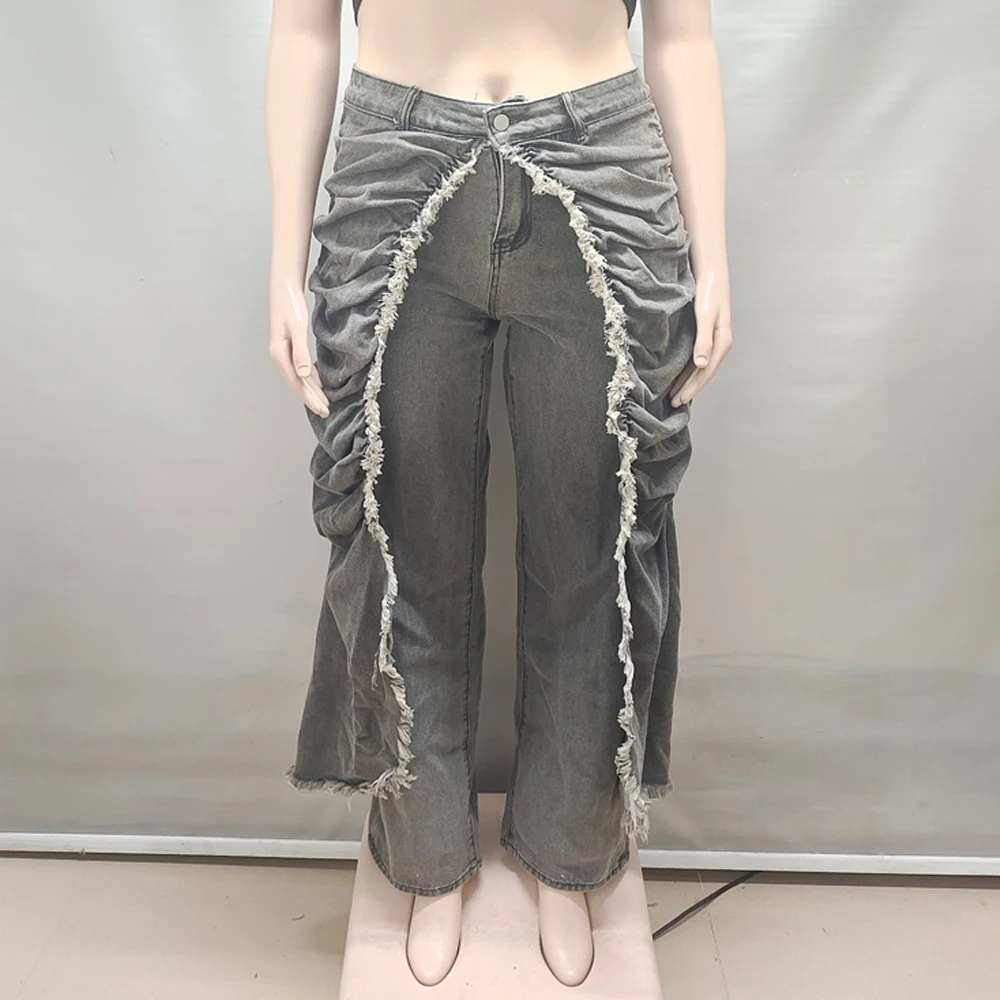Coole Streetwear 2026 Trendige Lässige Gewaschene Hosen Jeans Damen Denim Rüschen Geraffte Drapierte Cargo-Hosen Einfarbige Damenjeans – Detail 9