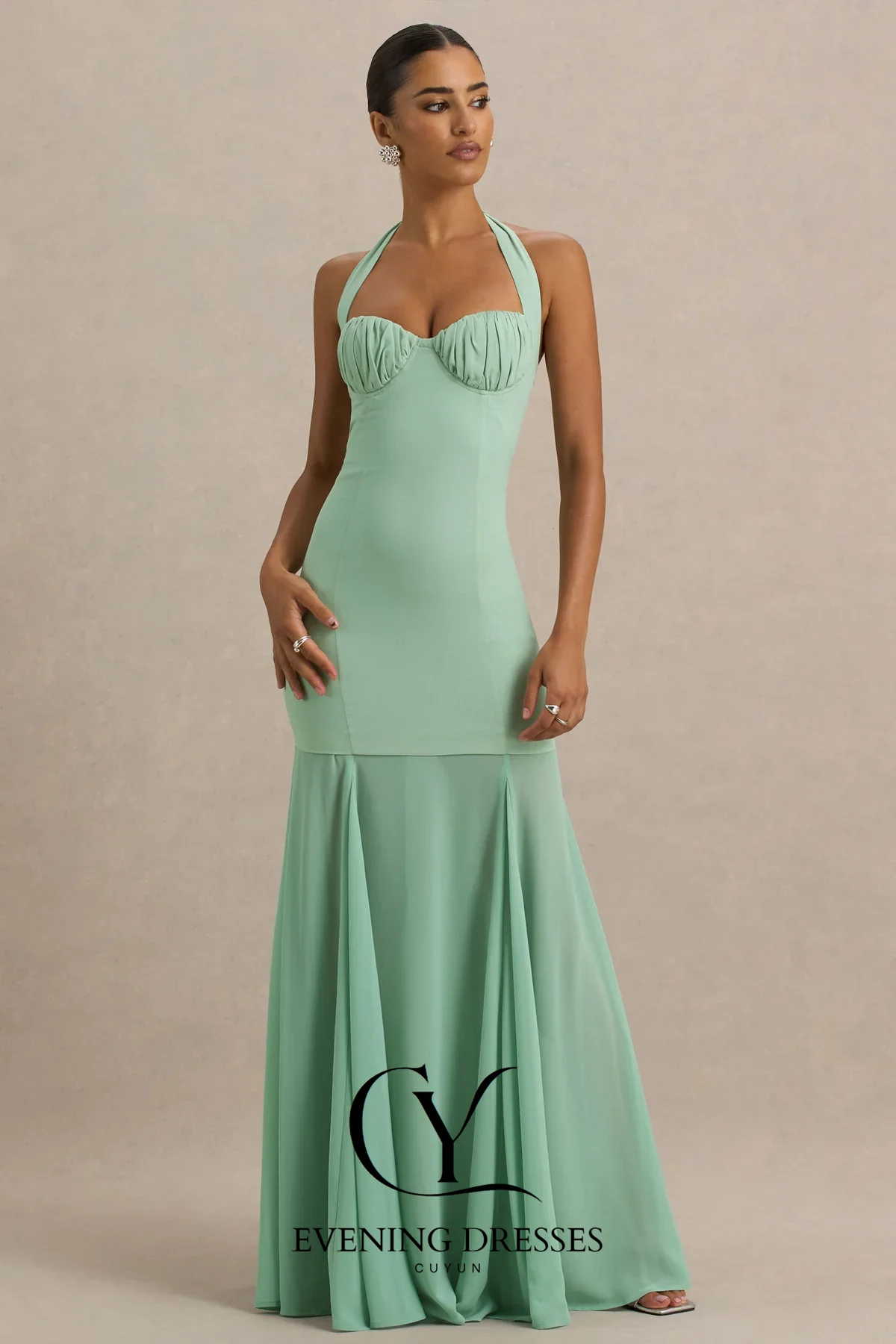 CUYUN Halter Backless Dames Avondjurken Aangepaste A-lijn Galajurk Chiffon Gedrapeerde Feestjurk voor Dames