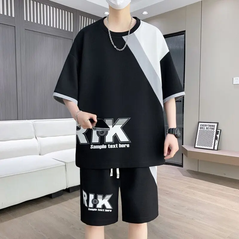 

Teen Boys Summer Clothing Set Loose Fit Color Block 2 Piece Outfit Hip Hop Short Sleeve Tracksuit Breathable Cotton Streetwear