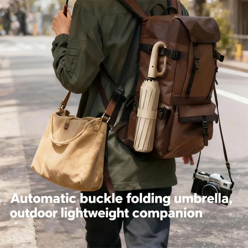 Carabiner Clip, Portable, Hands-free, Automatic Folding Umbrella. Features Reinforced Thickened Windproof Ribs and Canopy