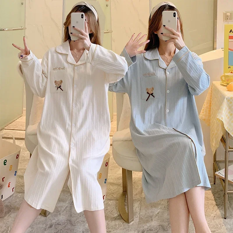 2026 Autumn Long Sleeve Cotton Nightgowns for Women Korean Loose Cardigan Sleepwear Night Dress Nightdress Homewear Home Nighty