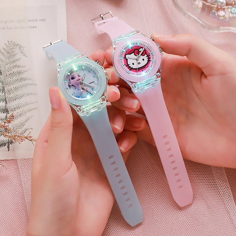 Hello Kitty Meisjes Horloges Voor Kinderen Lichtgevende Bron Siliconen Prinses Elsa Kinderen Kijken Jongens Cadeau Klok Pols Relogio Feminino