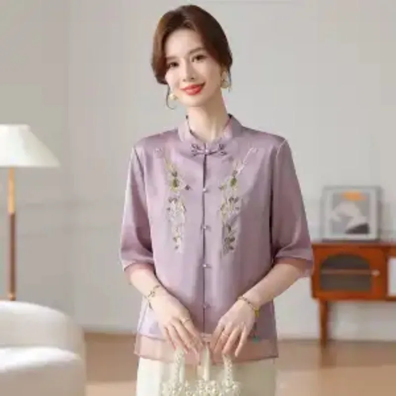 

Женская блузка оливкового цвета в китайском стиле с коротким рукавом, воротником-стойкой и цветочной вышивкой, повседневная, свободного кроя