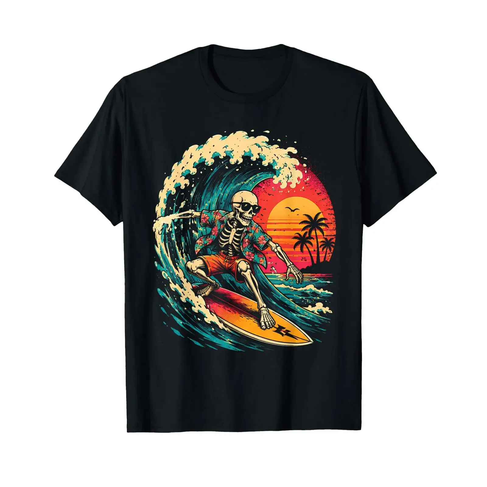 Vintage-Surf-Skelett-Halloween-Surfbrett-T-Shirt für Männer und Jungen, Vintage-Waschung, Homme, leichter Streetwear-Designer-Look