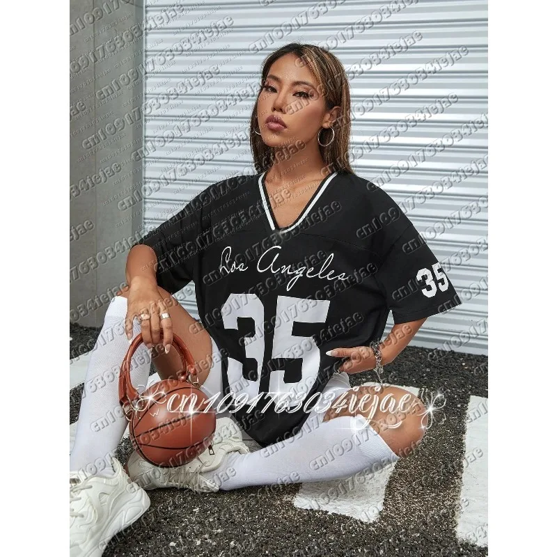 Latest Los Angeles No.35 Basketball Jersey Women Summer T-shirt V-neck Loose Fashionable Sports Short Sleeved Street Casual Tee