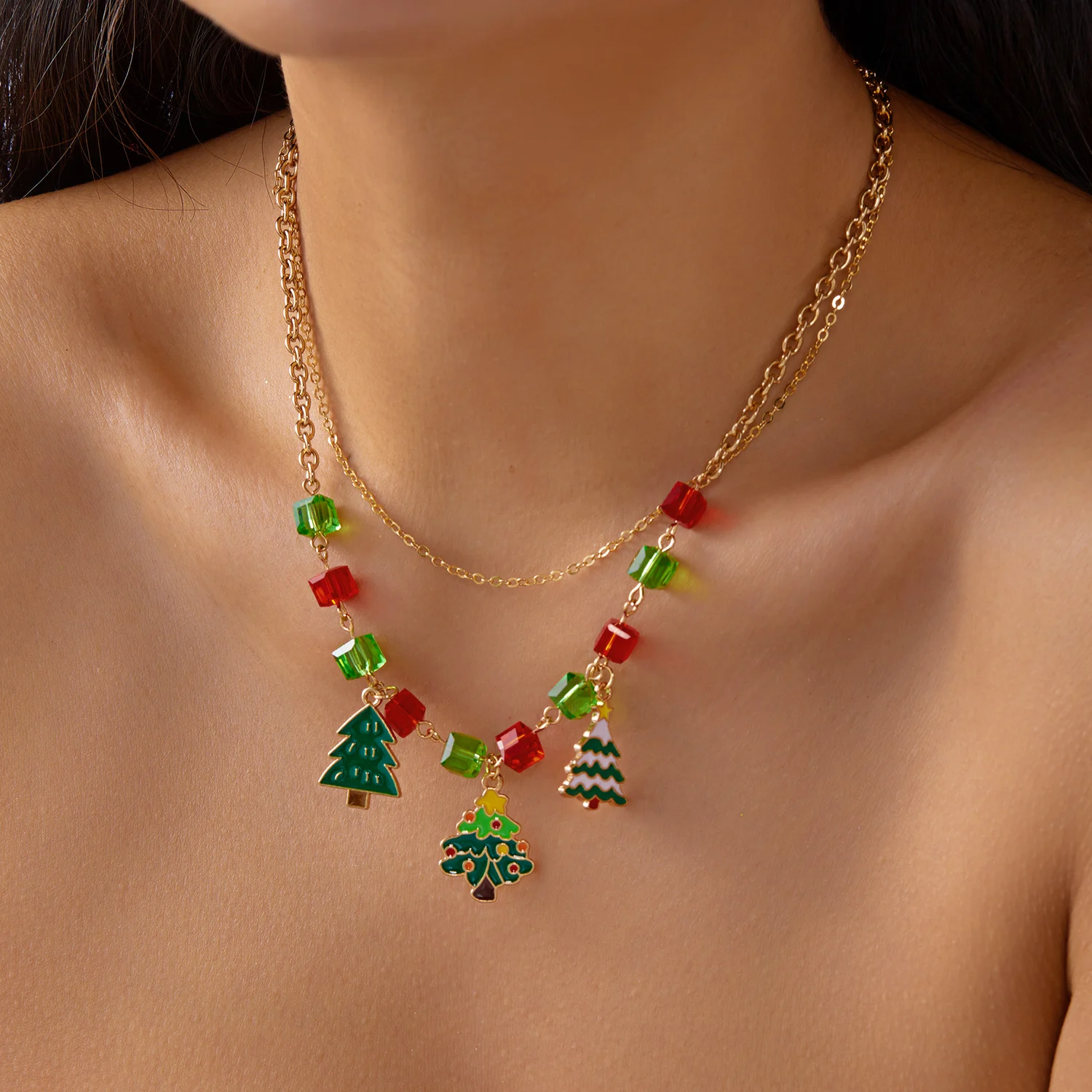 Delicate Colorful Bells Crystal Snowflake Christmas Tree Pendant Necklace For Women Fashion Xmas Clavicle Choker Party Jewelry