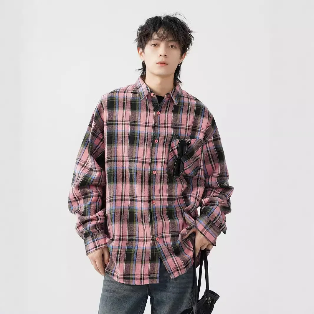 

TRSYPHXM 2024 new Checkered shirt for men in autumn, loose and high-end, handsome long sleeved shirt, lazy American jacket