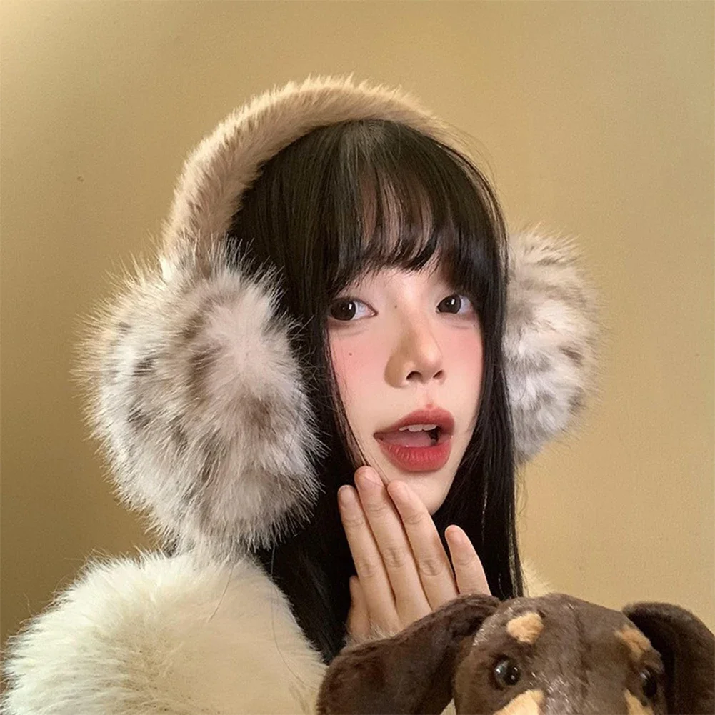Orejeras de felpa de leopardo para niñas, calentadores de orejas de piel de zorro de imitación a prueba de viento, protector antiarrugas para las orejas de invierno