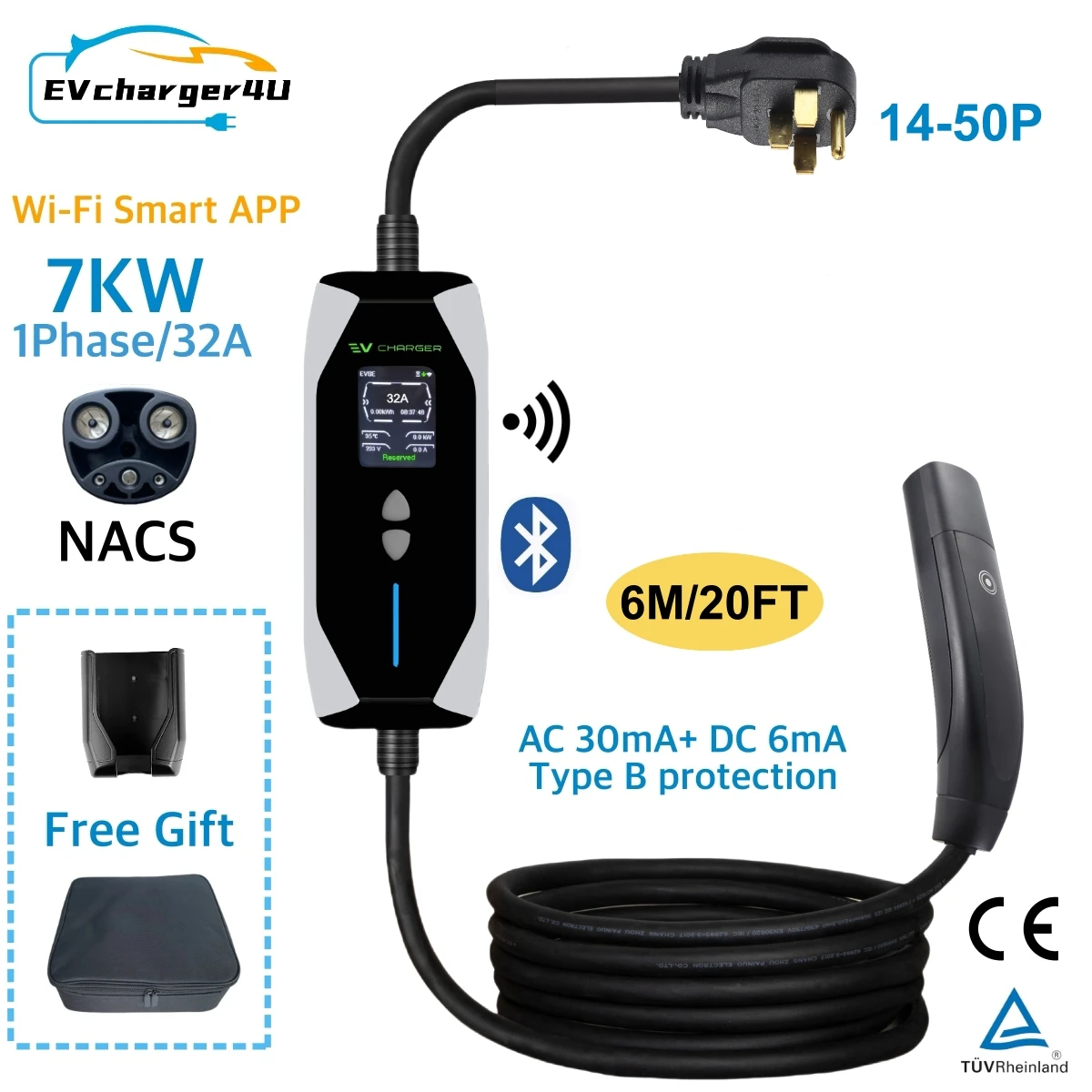 EVcharger4U NEMA 14-50 32A 7KW Level 2 EV Charger NACS with 20FT/6.1M Portable Charging Station for Tesla 3 Y X S and Cybertruck