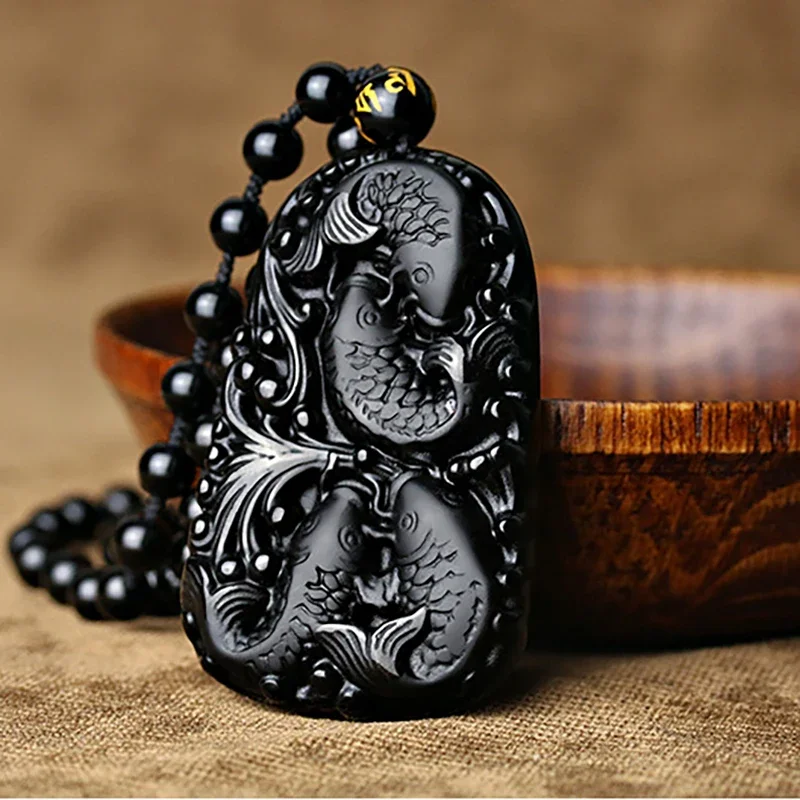 Natural Black Obsidian 3D Carved Chain Happy Four Fish Pendant Lucky Amulet Necklace Pendants For Women Men Fashion Jewelry