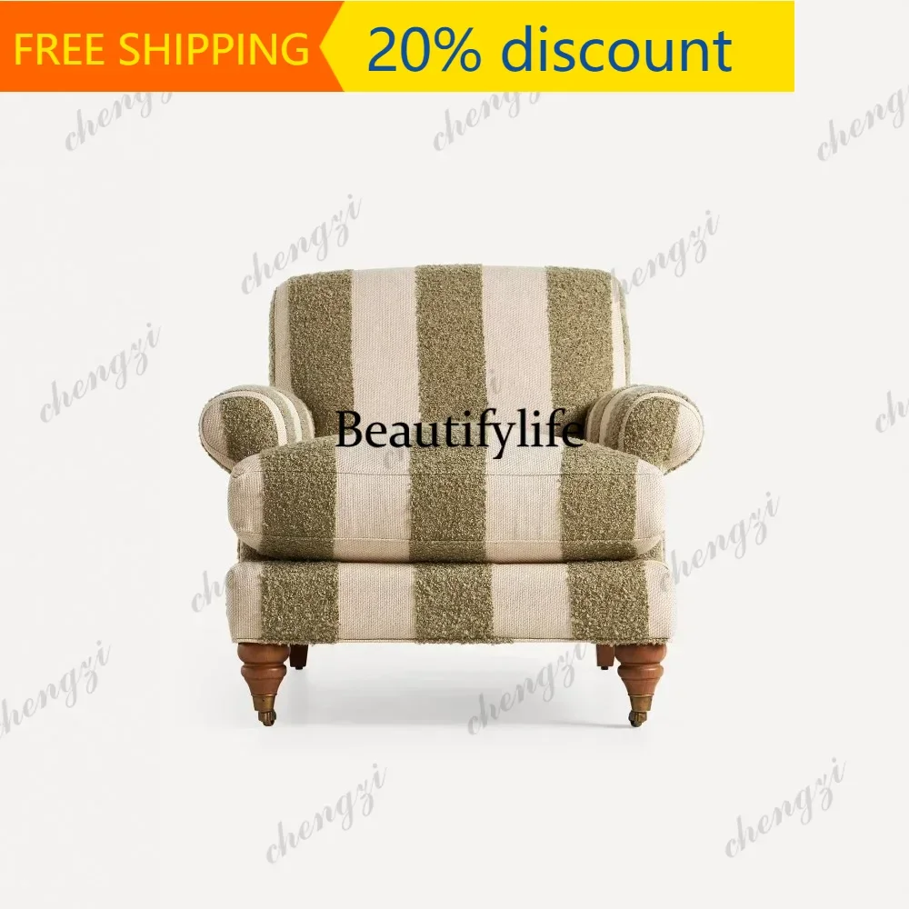 132 French retro olive green vertical striped single sofa with lamb wool splicing cotton linen living room leisure armchair