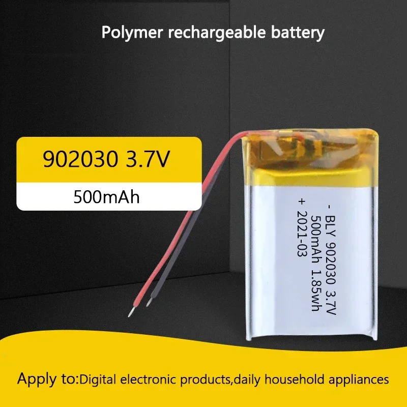 3.7V 500mAh 902030 polymer lithium ion rechargeable battery for Consumer electronics toys LED lights bluetooth speakers