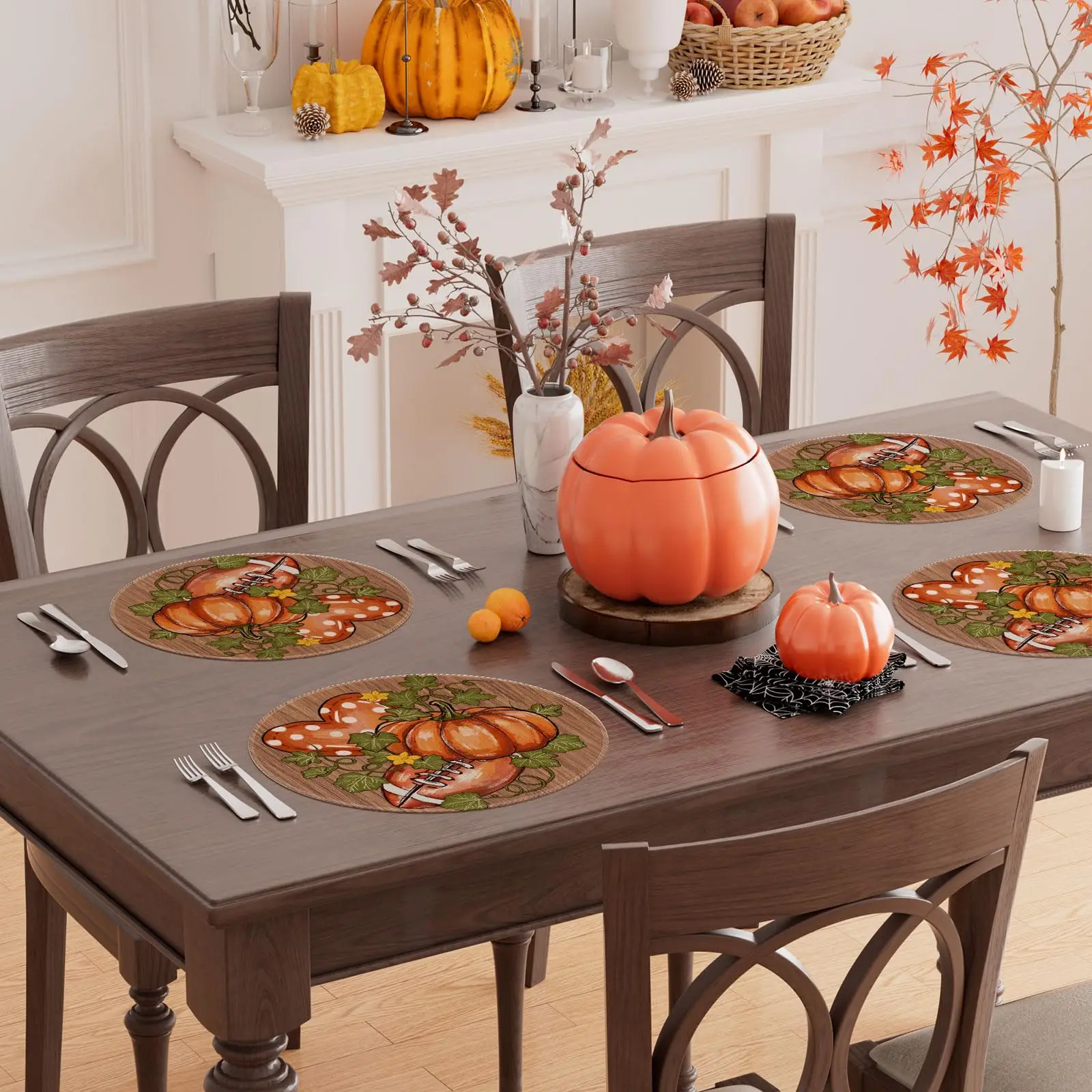 Fall Football Love Heart Round Placemats Table Decor 15 in Pumpkin Wood Thanksgiving Table Mats for Home Kitchen Table Decor