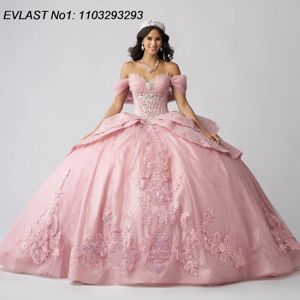 

EVLAST блестящее розовое платье Quinceanera по индивидуальному заказу, бальное платье с кружевной аппликацией и бисером, бант, корсет Sweet 16, Vestidos De 15 Anos E1QN746