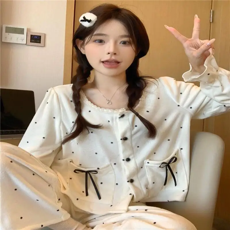 

Sweet Polka Dot Bow Korean Pajamas for Women Autumn Winter New Warm Homewear Set Can Be Worn Outside Cute Kawaii Fashion Trendy