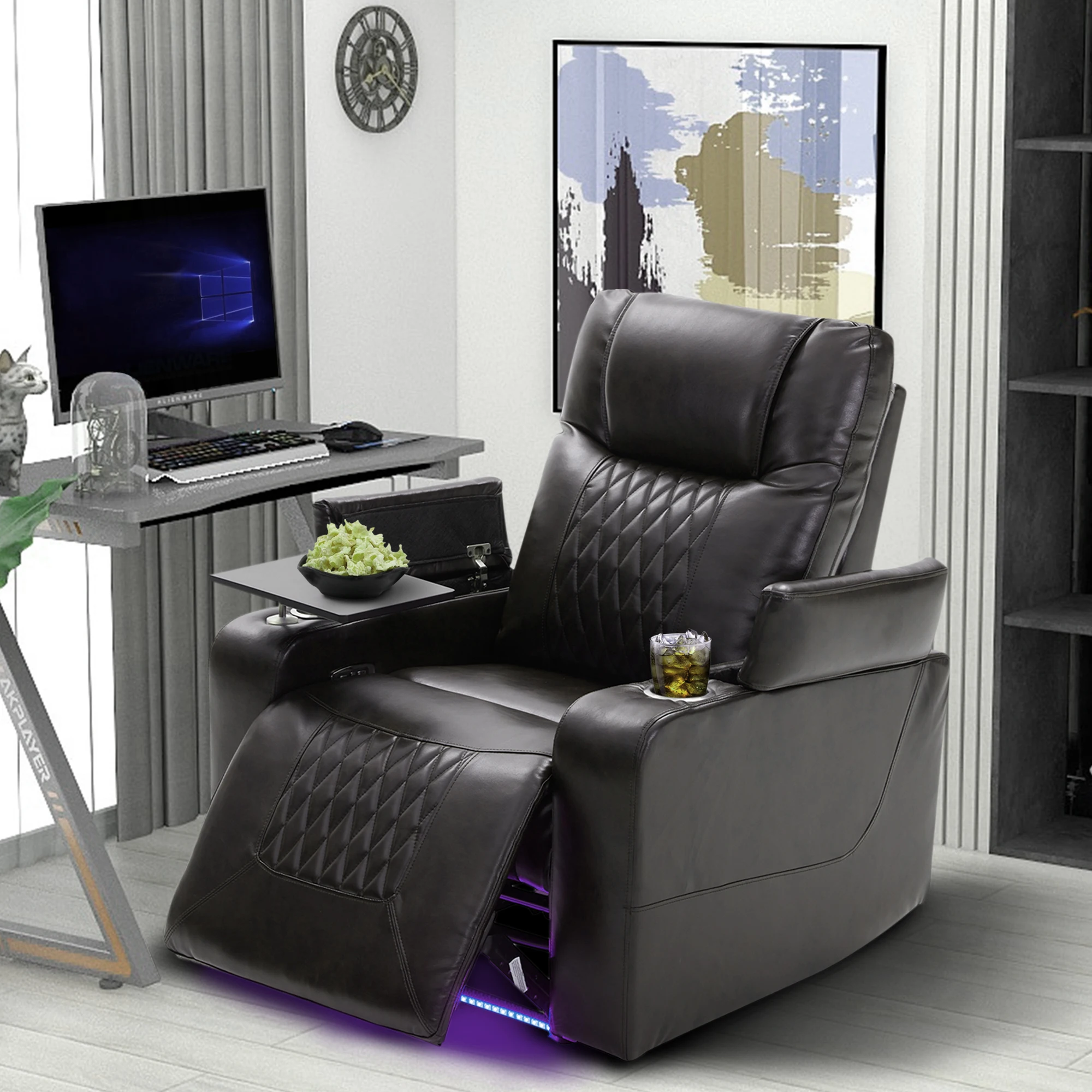 #Power Motion Recliner USB Charging Port Massage Remote Control Hidden Arm Storage 2 Convenient Cup Holders 360 Swivel Tray