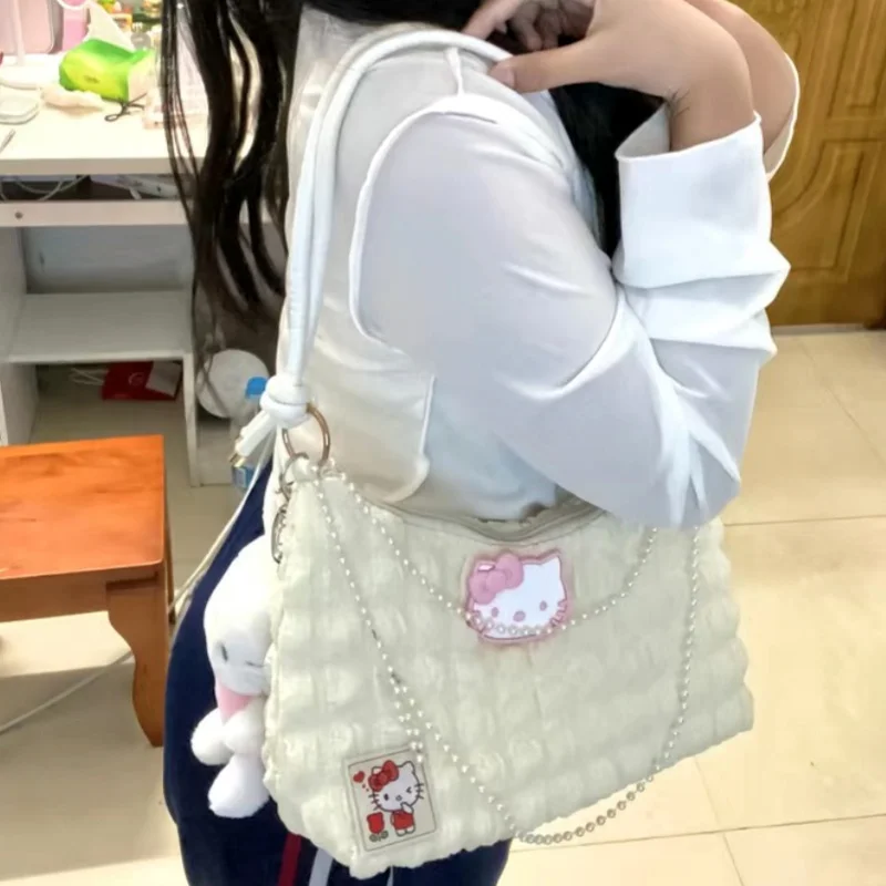 Sanrio Hello Kitty borsa a tracolla a contrasto di colore borsa a catena di perle borsa sotto le ascelle di moda borsa a tracolla per ragazza regali