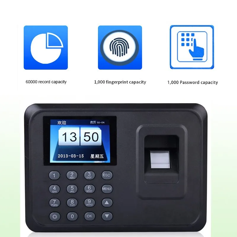 Máquina de atendimento com impressão digital para funcionários X1, reconhecimento de senha digital, tela TFT de 2,4 polegadas, download de disco U, relatório EXCEL