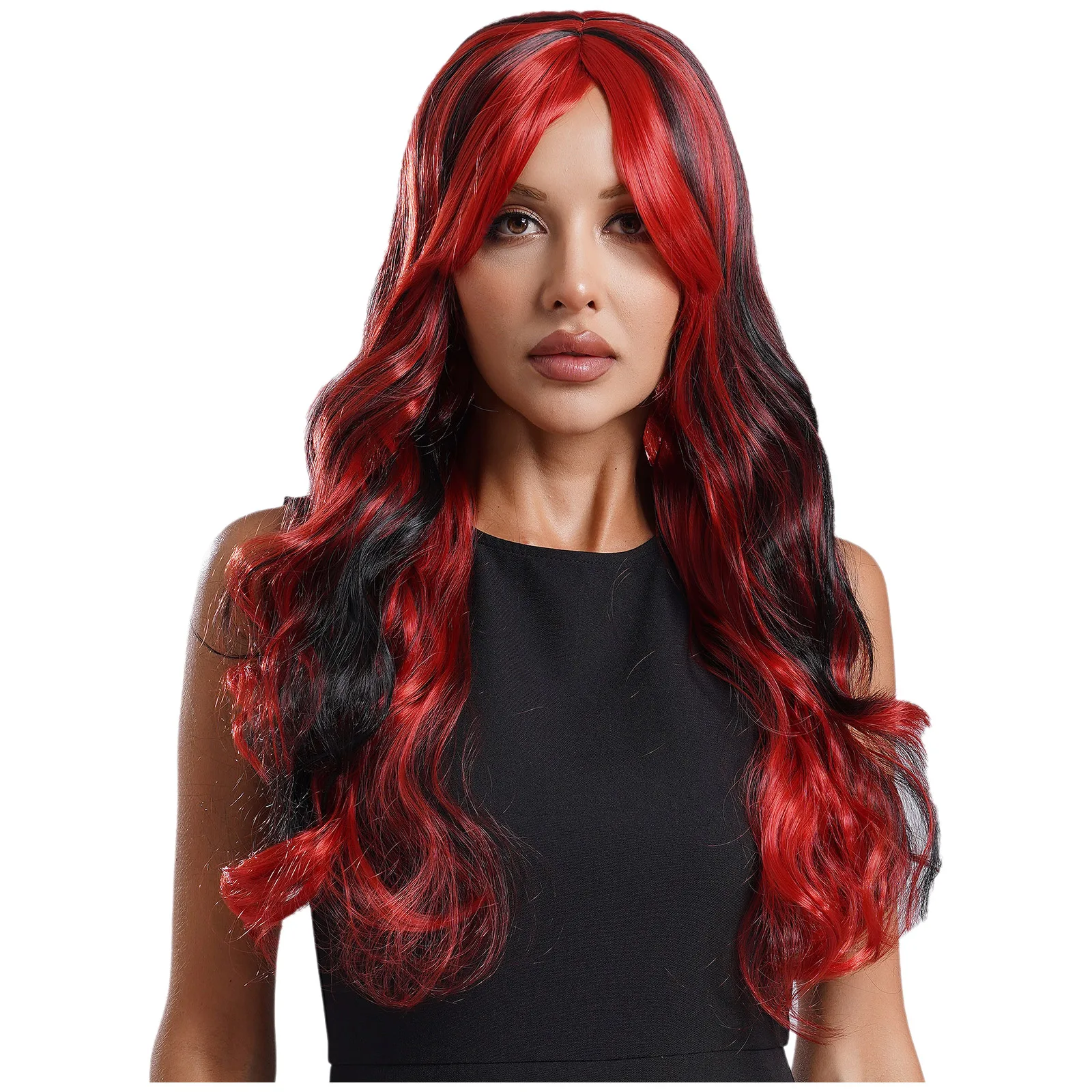 Women Japanese Anime Role Contrast Wig Red Blue Gradient Long Curly Hair Wig Comic Con Cosplay Accessory Halloween Party Wig Hat