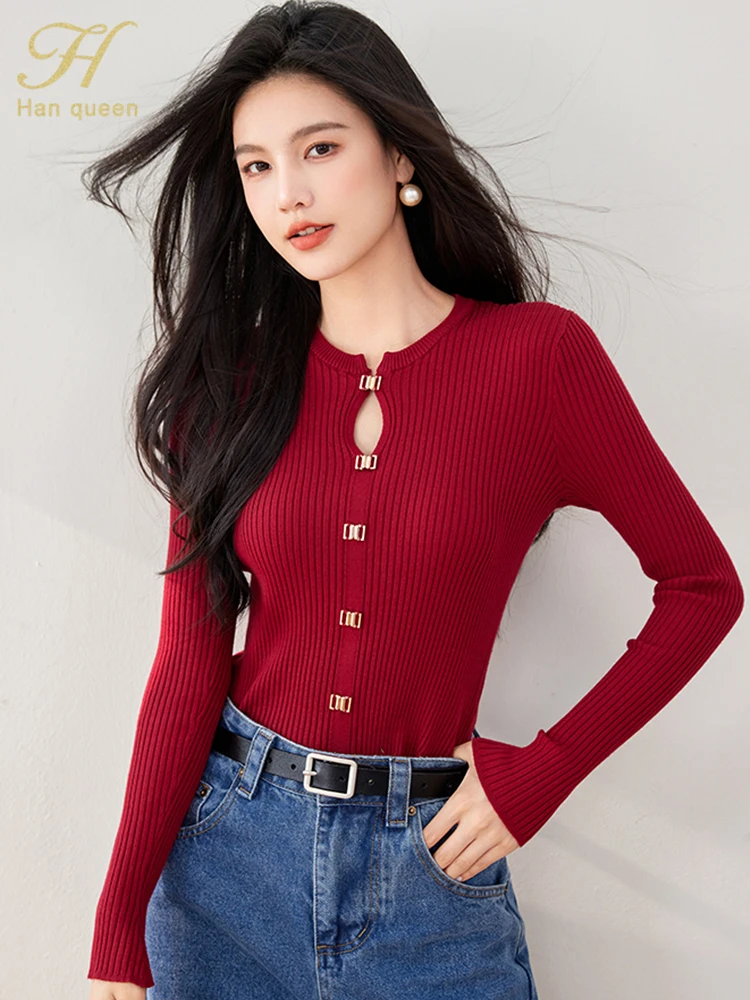 H Han Queen 2024 Autumn Winner Fashion Knit Pullover Sweater Womens Vintage Casual Tops Chic Basic Long Sleeve Knitted Sweaters