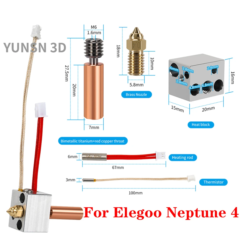 

Hotend Kit for Elegoo, Bimetal Heatbreak, Heater Block, Heating Rod, Thermistor, Elegoo Neptune 4 and Neptune 4 Pro, 24V, 50W