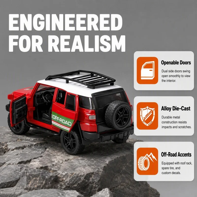 1:32 Scale Diecast Off-Road Vehicle Model, Alloy SUV Car with Openable Doors, Roof Rack and Spare Tire, Desktop Collectible Car