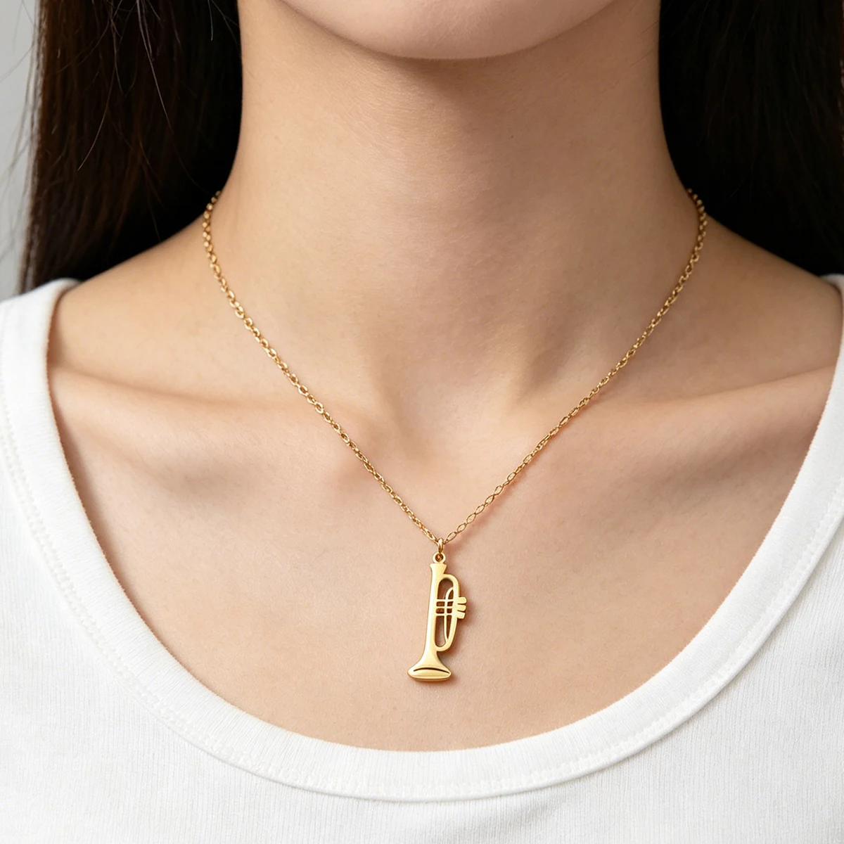 Stainless Steel Trumpet Pendant Necklace Silver Hollow Musical Instrument Necklace Music Lover Jewelry Gift for Men Women
