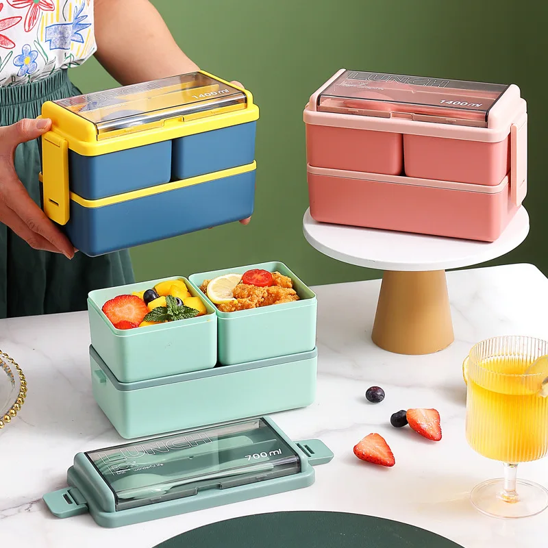 

Double Layer Portable Lunch Box For Kids With Fork and Spoon Microwave Bento Boxes Dinnerware Set Food Storage Container