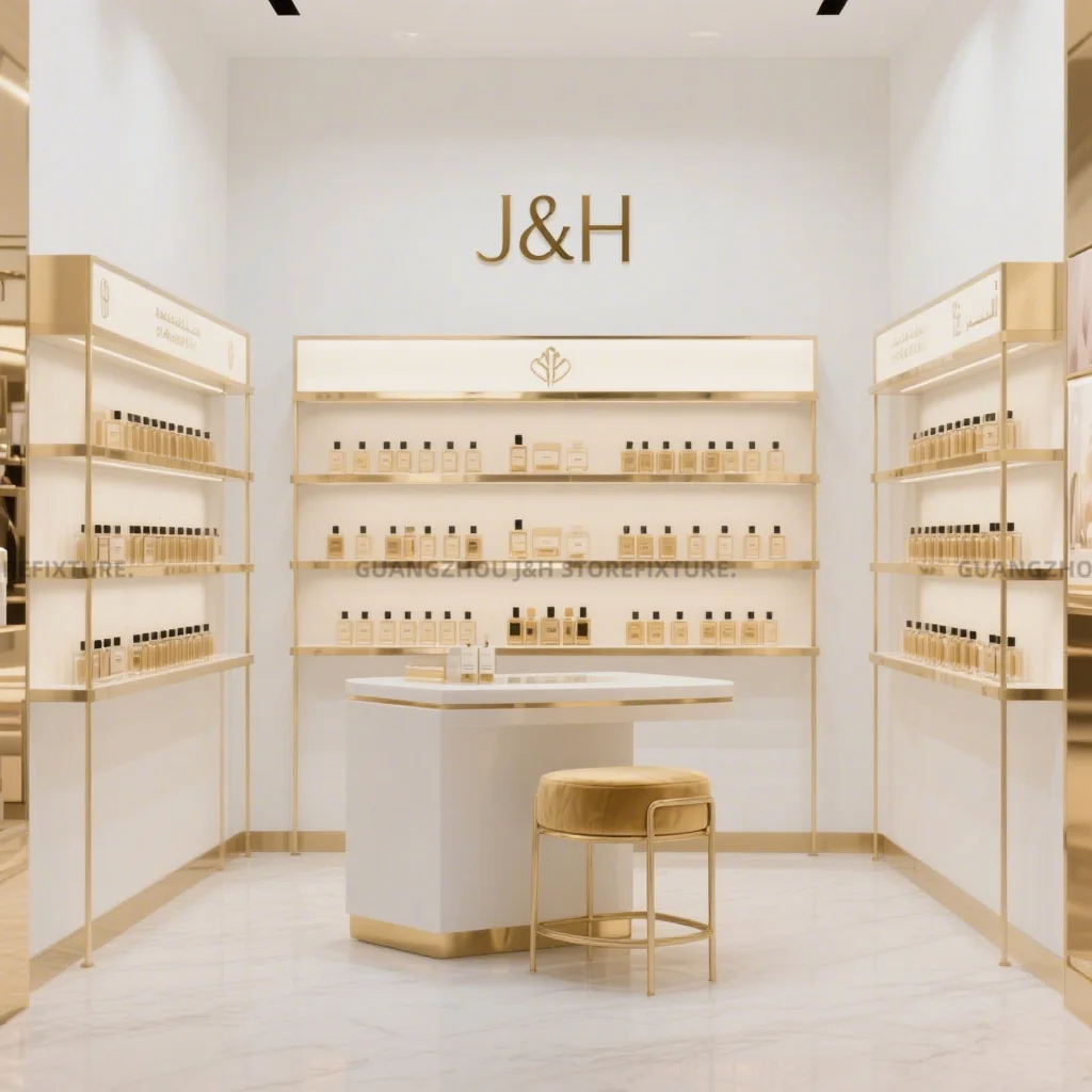 Custom.Custom.Custom.أرفف عرض مستحضرات التجميل الذهبية الفاخرة تركيبات متجر البيع بالتجزئة الحديثة لعرض منتجات التجميل الراقية Dis
