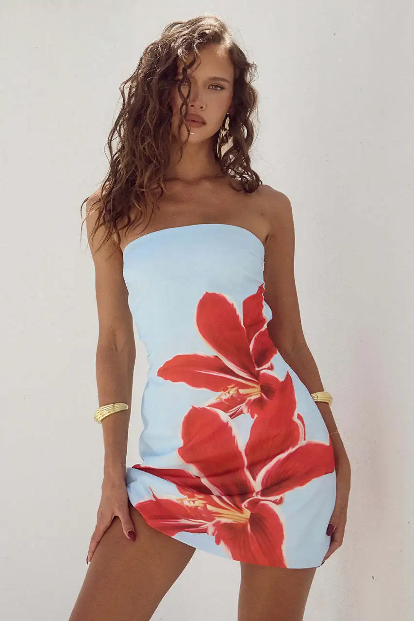 Mini vestido feminino sexy sem alças com estampa floral, sem encosto, cintura alta, férias de verão, elegante festa moda praia, 2022