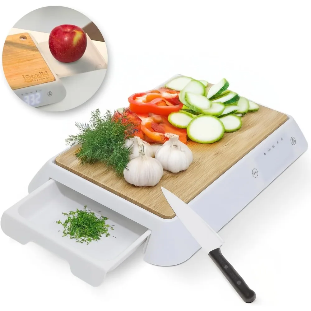 

3-in-1 Bamboo Cutting Board Slide-Out Digital Food Scale & Storage Tray – A Multi-Functional Food Prep Station Kitchen Scales