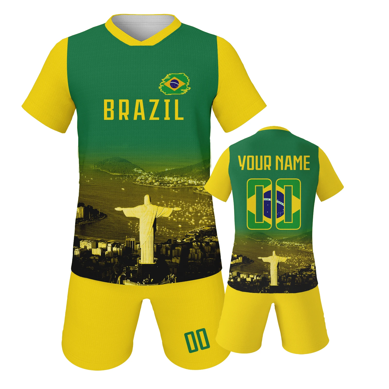Custom Soccer Jersey Set Brazil Personalized Name Number Football Shirt for School Team Club Kids Youth Practice Soccer Uniform