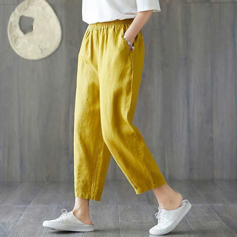 Street Casual All-Match Solide Harembroek Zomer Nieuwe Elastische Taille Dunne Eenvoud Cropped Broek Mode Vintage Dameskleding