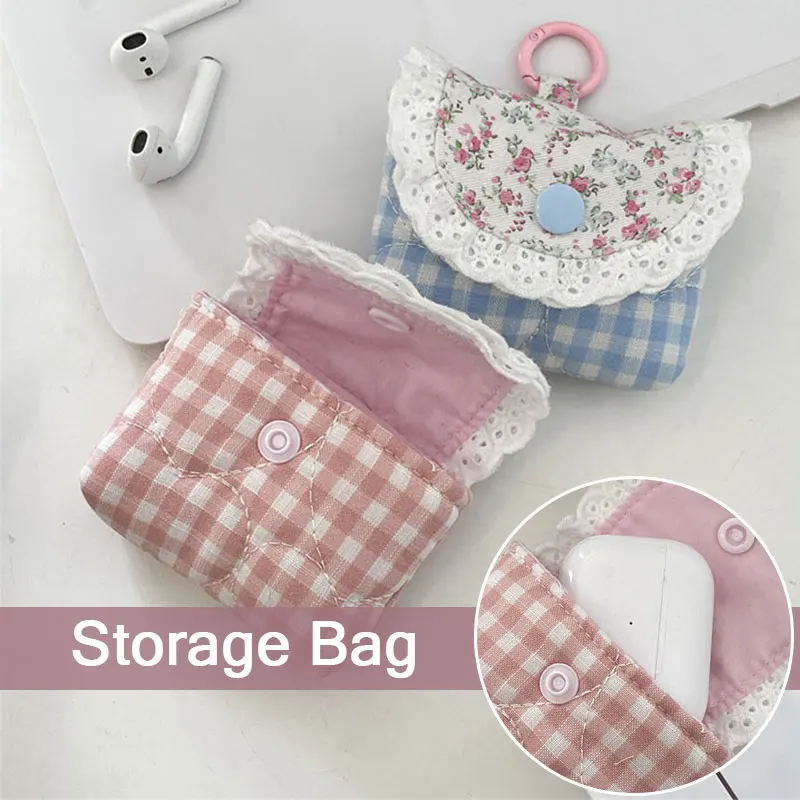 

Mini Cute Lace Floral Coin Purse Fashion Korean Pink Blue Plaid Headphone Protective Case Girls Portable Small Storage Bag Sweet
