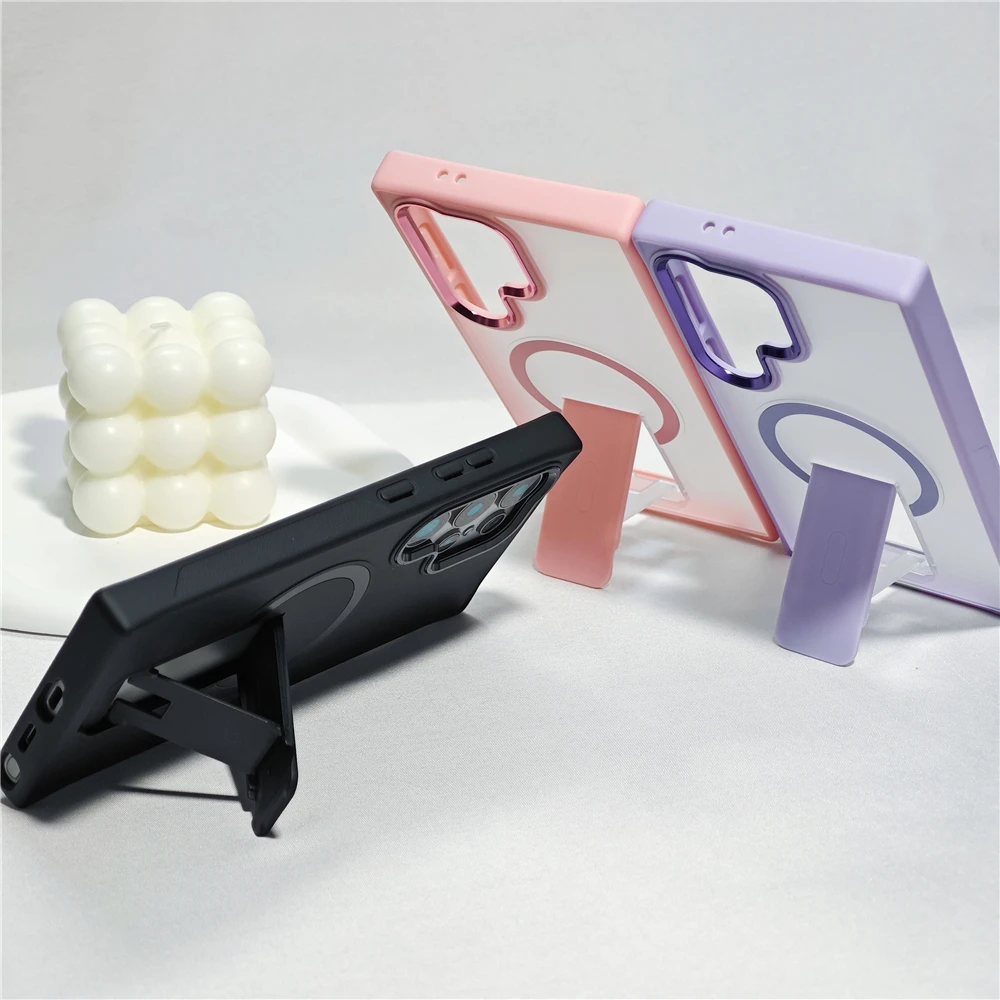 Opvouwbare Standhouder Matte Voor Magsafe Magnetische Telefoon Case Voor Samsung S25 S23 Ultra S24 Plus Draadloze Lading Clear Back Cover