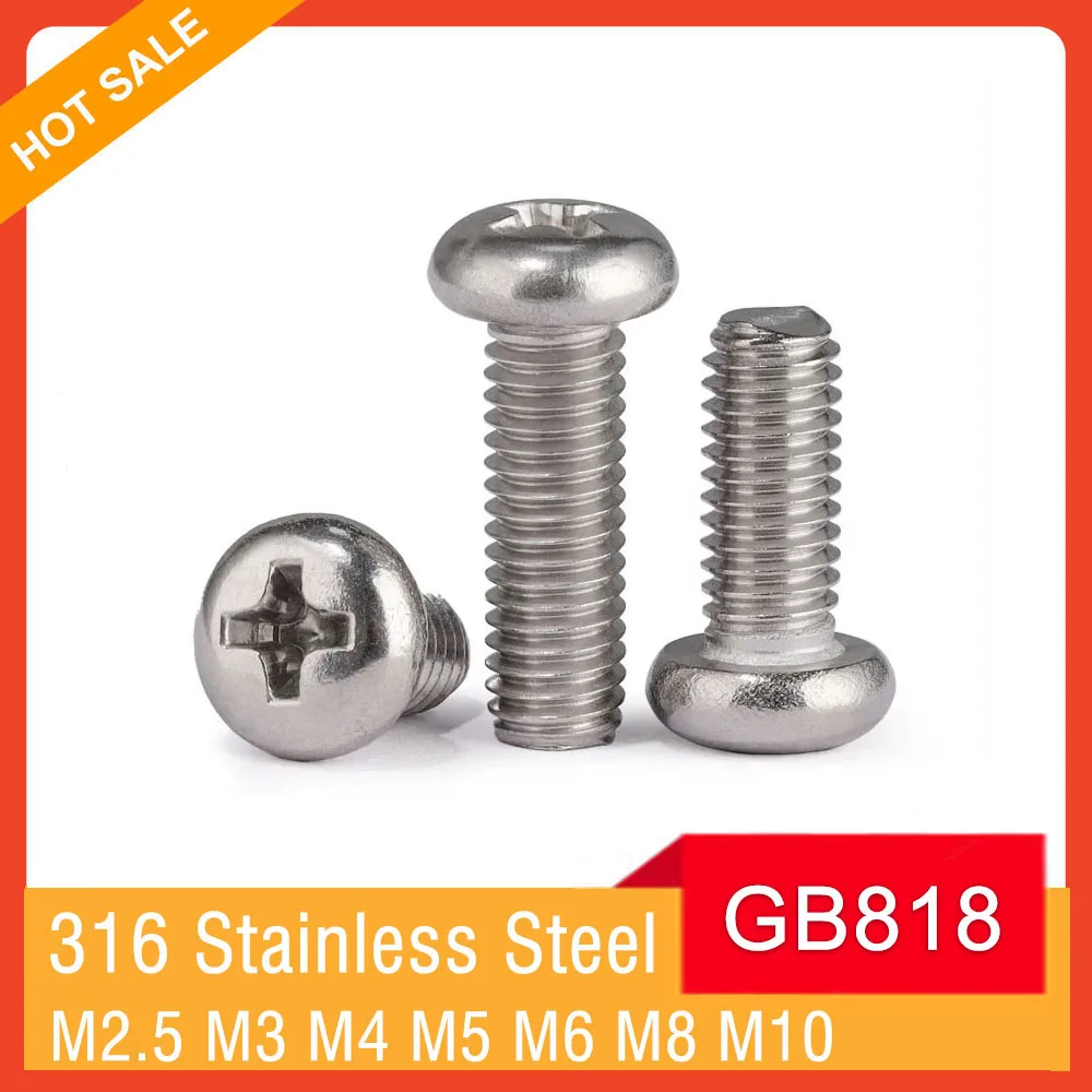 

M2.5 M3 M4 M5 M6 M8 M10 GB818 A4 316 Stainless Steel Cross Recessed Round Head Screw Phillips Pan Head Bolt